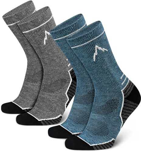 SIXDAYSOX Mens Merino Wool Hiking Socks, 2 Pack Light Weight Cushioned Crew Socks for Outdoor Trekking Cycling Size 8-12 (Blue+Dark Grey)