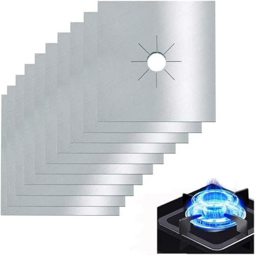 YOUNLEN 10 Pièces Protection Plaque Cuisson Gaz Réutilisable Couvre, à Anti Chaleur Tapis Cuisinière Antifouling Nettoyer Housse, Pour Divers De Cuisinières à Gaz (27x27cm, Argent)