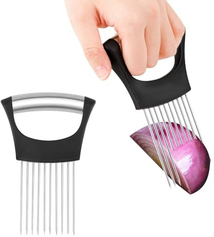 Dimeho Edelstahl Zwiebelschneider Halter All in One Zwiebelhalter SlicerGemüsezerkleinerer Gemüse Kartoffelschneider Schnitthilfe Küchenhelfer für Kartoffeln Karotten Zwiebeln Gemüse Fleisch