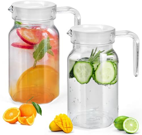 ADERTOS 2 Stücke Wasserkrug 600ml Wasserkaraffe Plastik Krug mit Deckel Transparente Wasser Krüge Kunststoff Eistee Krug mit Griff Getränkekaraffe Tee Karaffe für Wein Kaffee Kaltes Heißes Wasser