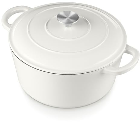 E-far 6 Quart Dutch Oven, Enameled Cast Iron Dutch Oven Pot with Lid, Nonstick Round Cookware for Braising/Stews/Roasting/Bread Baking/Cooking, Heavy Duty, Induction & Oven Safe - White
