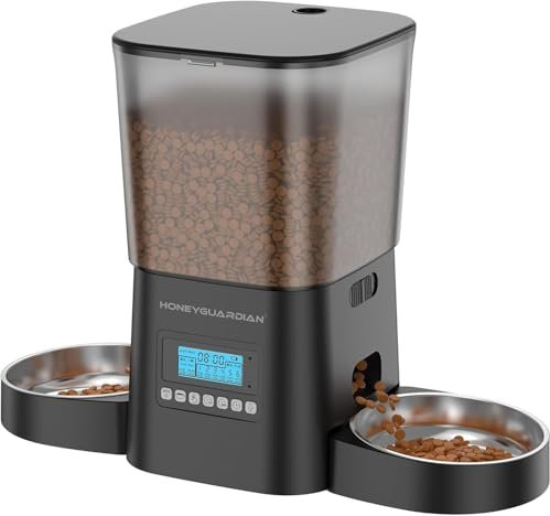 HoneyGuaridan Automatic Cat Feeder with Timer, 3.5L Dry Cat Food Dispenser,with Stainless Steel Bowl, Dual Power Supply with Desiccant, 1-6 Meals/day for Cats Dogs