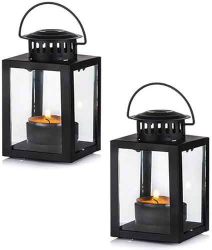 HNJZX Lanterne nere decorative per candele da giardino, 2 pezzi, in stile vintage, piccole lanterne da appendere, per lumini neri, per interni ed esterni, eventi, feste di compleanno
