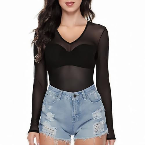 SamHeng Blusas transparentes negras para mujer blusas de malla de manga larga con escote en V transparente Y2K para salir atuendos para discotecas blusas casuales sexis camisetas básicas ajustadas,M