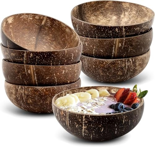 8 ciotole in legno di cocco naturale, 450 ml, lucidate da 15 oz per frullati, acai, insalata, Buddha Bowls, perfette come regalo vegano, decorazione da cucina o piatti da portata per feste, 15 x 15 cm