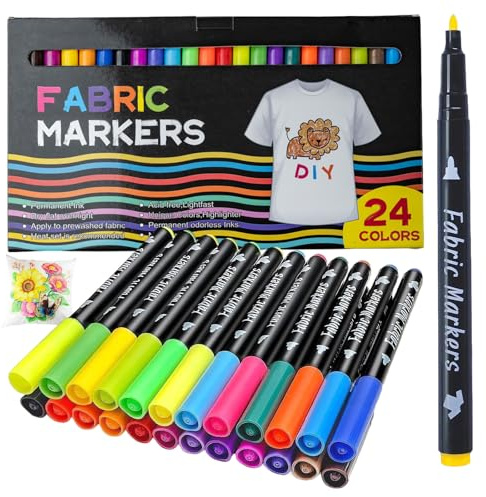 Rnigra Fabric Pens Permanent for Clothes – 24 Colours Fabric Paint Pens, Non-Toxic Fabric Markers for Kids & Adults, DIY Fabric Pens for Clothes, Shoes, Canvas, Bags, Crafts & Laundry Marker Pens