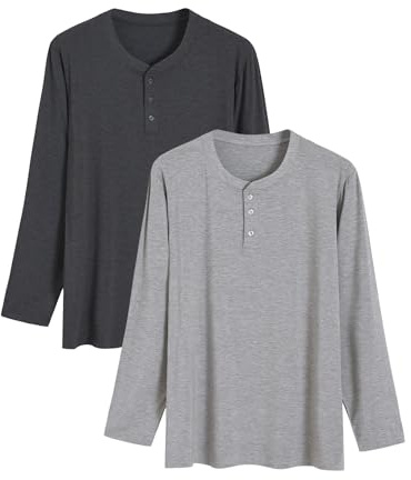 Latuza Men's Long Sleeve Pajama Shirt 2 Pack Henley Neck Sleep Tops XL Darkgray LightGray