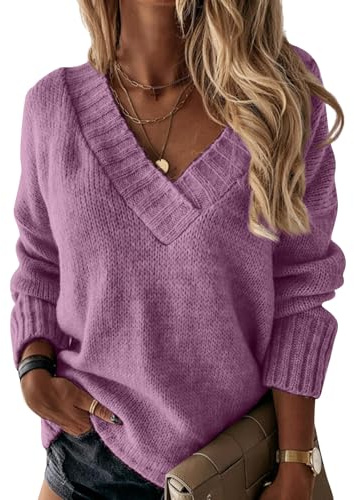 Women's V-Neck Knitted Long Sleeve Jumper Casual Oversized Soft Acrylic Blend Chunky Knit Sweater,Tunic Pullover Comfortable Ladies Tops Purple L