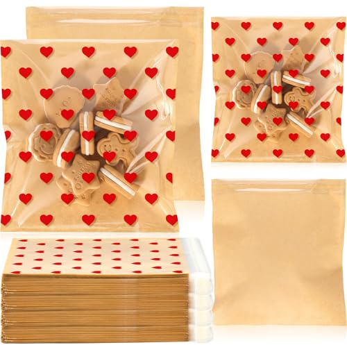Chivertion 100 Pcs Valentine's day Clear Cookie Bags Heart Pattern Cookie Bags With Self adhesive Seal Paper Treat Candy Snack Goodie Container To Go Bake Sleeves for Valentine's day Gift Giving