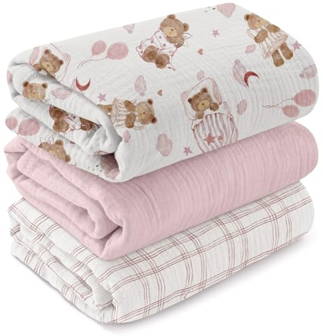 GLLQUEN BABY skötfiltar nyfödda 3 stycken, muslinbomull, barnfilt, 95 x 100 cm, gosig filt för barn, småbarn, barnsäng, barnvagn, pojke eller flicka, babyfilt (GMT3003)