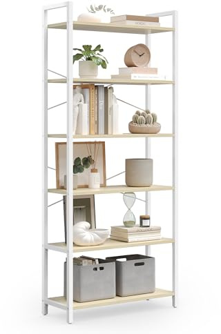 VASAGLE 6-Tier Bookshelf, Bookcase, Shelving Unit, for Office, Study, Living Room, Bedroom, 30 x 64 x 185.5 cm, Industrial, Natural Beige and Matte White LLS062LL01
