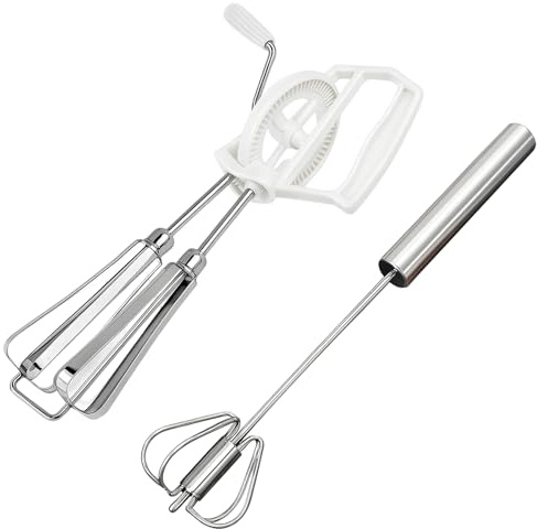2 White Bagged Egg Beaters + 1 Large Semi-Automatic Stainless Steel Mixer, Durable Kitchen Tools for Baking and Cooking,Egg Beaters Hand Crank, Manual Hand Mixer Set