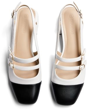 Coutgo Womens Mary Jane Chunky Low Heels Slingback Pumps Closed Square Toe Wedding Dress Shoes, Black White, Size 8