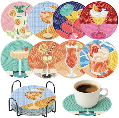 Posavasos de Pintura Diamantes con Soporte, 8PCS Diamond Painting Posavasos Coasters Cocktail con Antideslizantes Pintura de Diamantes, Accesorios de Sellado Vasos para Adultos y Niños