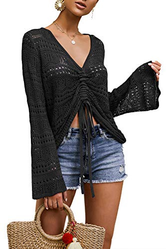 Saodimallsu Dam Boho Off Shoulder Genomskinlig Crop Toppar Klockärmad Flätig Överdimensionerad Stickad Rullrandig Pullover Tröjor, Svart, S