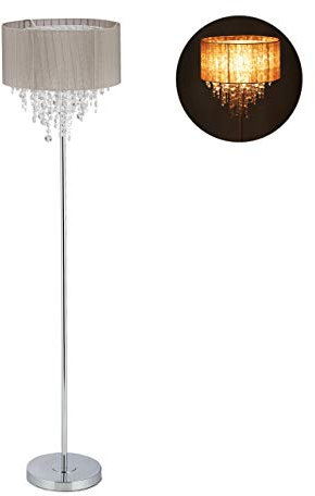 relaxdays Lámpara de pie, Pantalla de organza, Base redonda, E27, Luz de lectura, 151,5x38 cm, 1 Ud., Gris & Plateado