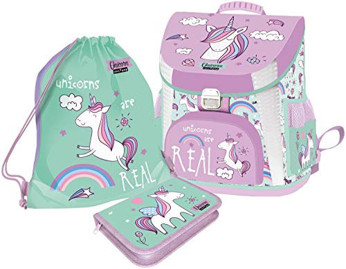 SCOOLSTAR Schulranzen Einhorn Mädchen 1 Klasse Tornister Schulrucksack Schultasche Set 3 teilig inkl. Federmäppchen und Sportbeutel für Grundschule super leicht. Made in Europe