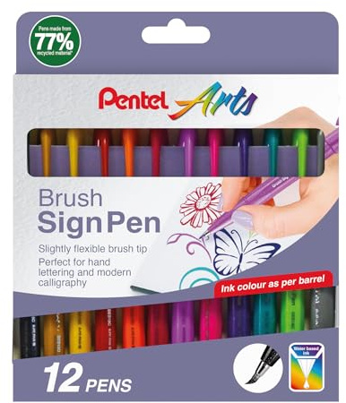 Pentel Brush Sign Pen - Fresh Shades 12pc Wallet Assorted,YSES15C/12NEW
