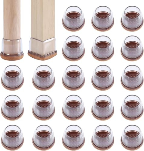 RCHYFEED 24 Protectores de Piso de Silla Mejorados de 0.7-1.25 Pulgadas,Tapas Transparentes Copas para Patas de Muebles con Almohadillas de Fieltro para Proteger Suelos de Madera Dura de Arañazos