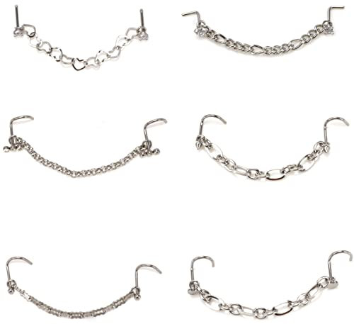 VANANA 20G Nose Chains - Set of 6 Stainless Steel Studs, Hoops and Screws - CZ Nose Piercing Jewelry for Women and Men