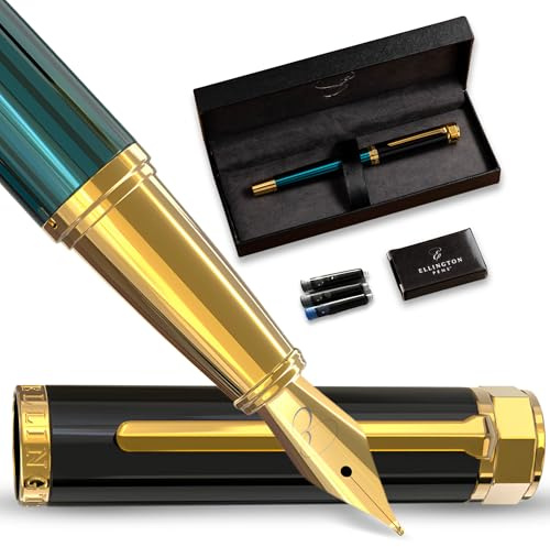 Ellington Pens Luxus-Füllfederhalter-Set glatte, Spitze – inklusive nachfüllbarem Tintenkonverter, 3 Tintenpatronen [Schwarz und Blau], Geschenkbox – elegante Kalligrafie