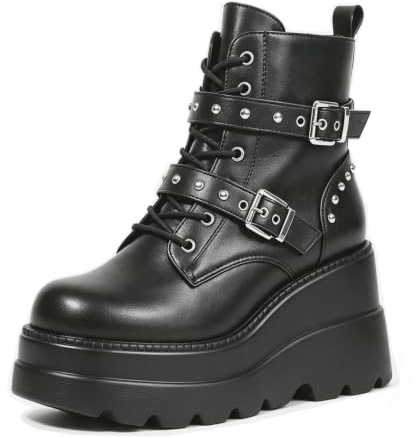 Gothniero Goth Platform Boots Black Gothic Chunky Heel Boots for Women Combat Ankle Wedge Booties with Side Zip Lace Up Size 3UK-8UK