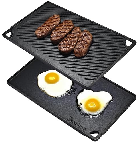 Bruntmor 2-in-1 Reversible Grill Plate - Pre-Seasoned Cast Iron Griddle Pan for Gas Stovetop, Oven, or Open Fire - 17x10-Inch Rectangular Double Sided Flat Pan for Camping, Roasting, and Grilling