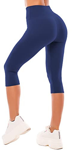 SINOPHANT High Waisted Capri 3/4 Length Leggings for Women, Buttery Soft Elastic Opaque Tummy Control Leggings, Cropped Trousers for Workout Gym Yoga(Navy, S-M)