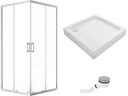 VBChome Duschkabine mit Duschwanne Quadrat Set 90x90x185 cm Chrom Duschtasse Siphon Eckeinstieg Duschwand Schiebetür Duschabtrennung Klares Sicherheitsglas Duschtrennwand Quadrat 90x90 cm Chrom
