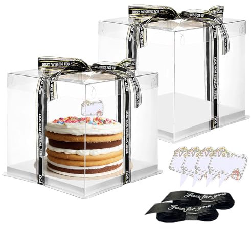 Vebetter 2pcs Boite a Gateau Transparente Boite Layer Cake Boite de Transport Gateau 30 x 30cm Réutilisable Boîte à Gâteaux en Plastique avec Ruban pour Gateau et Présentoir à Dessert, 10 inch.