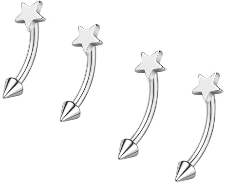 ZS 2 Pairs Stainless Steel Eyebrow Rings, 16G Curved Belly Rings Navel Barbell Helix Daith Tragus Earrings, 8/10mm Spike Vertical Labret Lip Piercing Jewellry (Star)