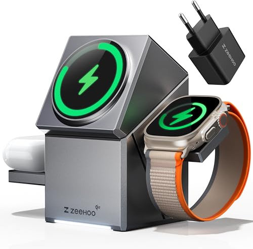 ZEEHOO 3 in 1 Wireless Charging Station, MagSafe Charger with Qi2 Certification, 15W Rotation Wireless Charger Stand for iPhone 16/15/14/13/12 Compatible Apple Watch,AirPods (Adapter Included)