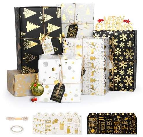 Papel de Regalo Navidad, Papel de regalo Oro y Negro 6 Hojas Juego Papel Envolver Regalo Impreso con Patrones como Copos de Nieve, Papá Noel y Arbol de Navidad para Navidad, Año Nuevo,Fiestas,70x50CM