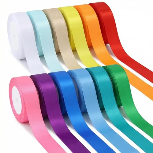 QWORK® 12 Color Satin Ribbon Rolls 25MM X 12M, Fabric Ribbon for Gift Wrapping, DIY Crafts, Party Wedding Decoration