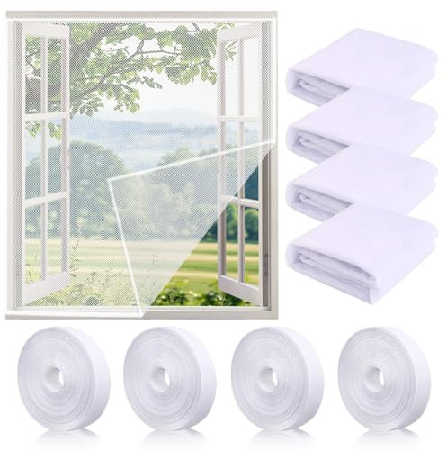 4 Pièces moustiquaire de fenêtre Filet Écran Insecte avec 4 Rouleaux De Bandes Autocollantes Moustiquaire Découpable Résistante aux Plis et à l'usure pour Plupart des fenêtres(150x130cm) (Blanc)