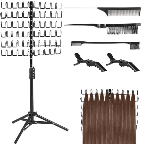 Support d'extensions de cheveux avec 144 pinces à cheveux réglable en hauteur pour tressage de cheveux avec outils de tressage pour coiffeurs, noir