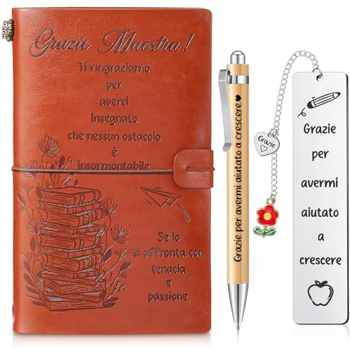 Clabby Set 3 Pezzi Regalo Maestra Fine Anno Scolastico con Quaderno in Similpelle, Penna in Legno e Segnalibro, Regalo per Insegnante, Educatrice, Maestra Asilo, Scuola Primaria