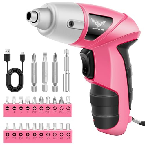 JENABOM Pink Cordless Electric Screwdriver, 3.6V Rechargeable Small Electric Drill with 24pcs Driver Bit Set, Power 3.5Nm Screw Gun with LED Light for Women