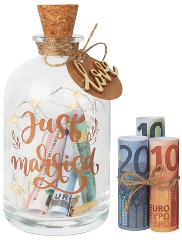 Botella de Luz Led Para Bodas, Botella con Luz Led,Regalos de boda botella de regalo de novia y recién casados, Hucha de Cristal con Guirnalda, Ideal para Bodas y Regalos Conmemorativos(Just Married)