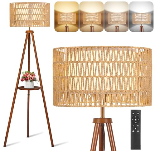 OUTON Solid Wooden Tripod Floor Lamp with Rattan & Linen Double Shades, Standing Lamp with Remote Control, Dimmable & 4 Color Temperatures, Boho Floor Lamp with Shelves for Living Room, Bedroom