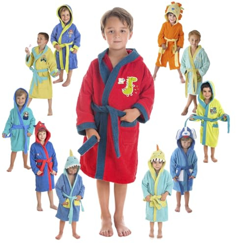 LEBENGOOD - Accappatoio Bambini Ragazzi e Ragazze Unisex - 100% Cotone OEKO-TEX® - 2 Tasche, Cintura, Cappuccio, accappatoio in spugna molto morbida con ricami (2-4 Dinosaurus)