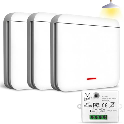 Ghekkli - Interruptor inalámbrico de 433 MHz, 2200 W/10 A, interruptor inalámbrico con receptor (kit de 3 interruptores + 1 receptores) - Control de iluminación y enchufes
