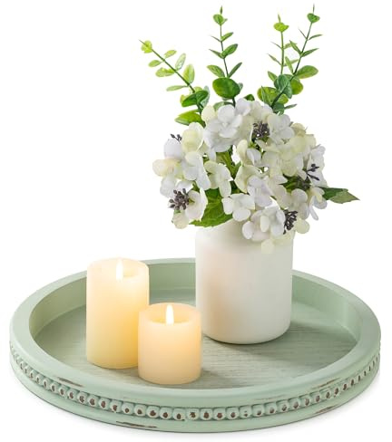 Hanobe Decorative Coffee Table Tray Round Sage Green Decor for Centrepiece | Wooden Circular Display Candle Plate with Beaded, Modern Farmhouse Spring Decoration for Living Room Counter
