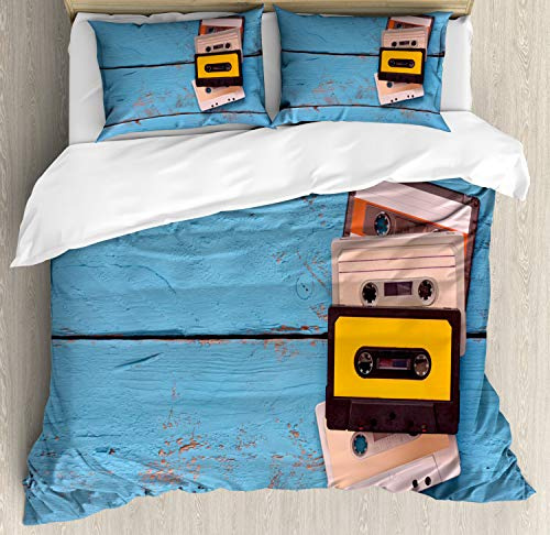 Ambesonne Indie Duvet Cover Set, Vintage Cassette Tapes on Aqua Wooden Table Close up Photo Retro Music Retro, Decorative 3 Piece Bedding Set with 2 Pillow Shams, California King, Multicolor