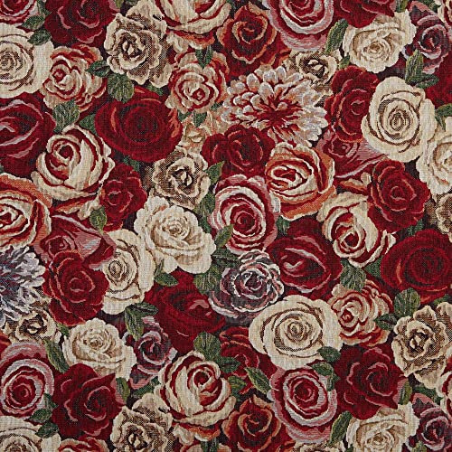 Kt KILOtela - Stoppningstyg – dekorativt tyg – Gobelin Jacquard – styck: 100 cm längd x 280 cm bredd | rosor – röd, granat, rosa, beige, grön