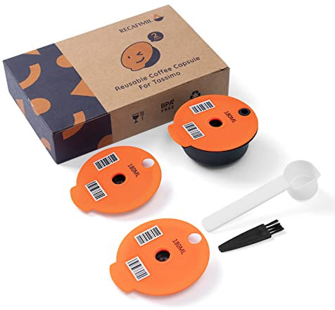 RECAFIMIL Reusable Coffee Filter, Refillable Coffee Capsules Pods 180ml PP Plastic Reusable Capsules for Tassimo Coffee Machine Accessory, 1 Capsule with 2 Replacement Lids