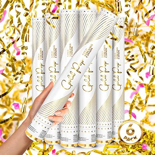 JAPJA Streamer Confetti Cannons, Metallic Gold, 16in, 6-Pack
