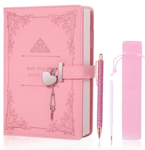 JiaoJiRen Heart-Shaped Lock diary with pen,A5 Size Soft PU Leather Locking Journal Personal Planner Writing Notebook Secret Notebook Gift for Adults,kids,Writers girls&women.(Pink).