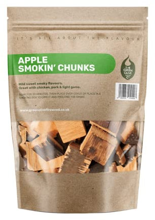 Green Olive Firewood - Wood Chunks for smoking, 5L - bbq wood chunks Ideal for use In BBQ's or Smokers - Flavoured large smoking chips, for smoking meat, fish and even vegetables - Apple