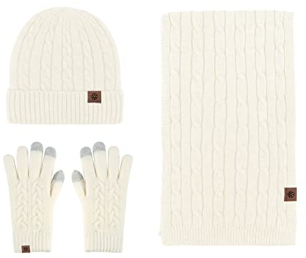 LumiSyne Invernali 3 Pezzo Cappello Sciarpa Guanti Per Uomo Donna Maglia Grossa Tinta Unita Maglia a Cavo Berretto Beanie Sciarpa Lunga Guanti Touch Screen Addensato Morbido Caldo Fodera In Pile